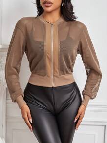 SHEIN Essnce Zip Up Mesh Bomber Jacket - Khaki - View 3