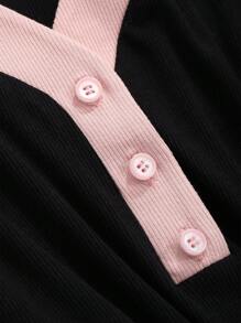 DAZY Áo thun nữ tay dài cài nút cổ tương phản, quần áo nữ mùa thu - màu đen - Xem 8