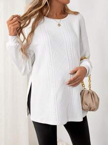 SHEIN Maternity Drop Shoulder Split Hem Sweatshirt With Long Sleeve, For Winter - White - View 5