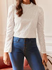 SHEIN Frenchy Frill Trim Eyelet Embroidery Button Detail Blouse - White - View 4