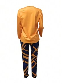 Letter Graphic Drop Shoulder Pullover & Pants - Orange - View 2