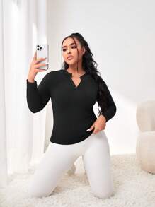 SHEIN Sports Plus Notched Neck Sports Sweatshirt - Black - View 1
