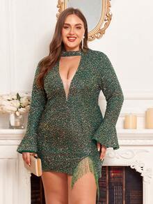 Double Crazy Plus Choker Neck Flounce Sleeve Sequin Bodycon Dress