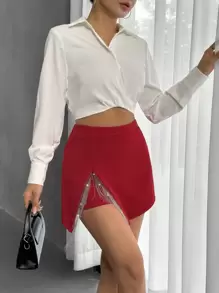 SHEIN Privé Pha lê Viền rìa Viền không đối xứng Váy quần - Đỏ - Xem 3