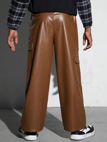 SHEIN Tween Boy Flap Pocket Side Drawstring Waist Cargo PU Leather Pants - Brown - View 2