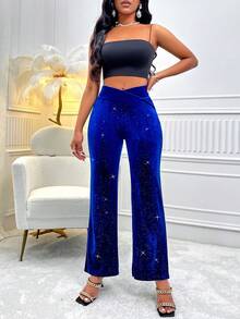 VaVaBold High Waist Glitter Flare Leg Pants - Blue - View 4
