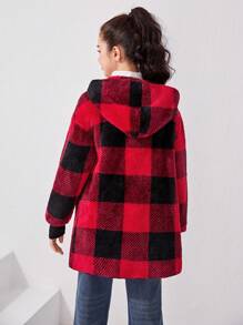 SHEIN Thiếu niên cô gái Họa tiết kẻ sọc trâu áo có mũ Áo khoác Teddy - Màu Đỏ Sâu - Xem 2