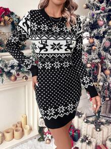 SHEIN LUNE 聖誕麋鹿&幾何圖案毛衣洋裝 - 黑與白 - 查看 4