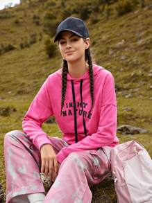 In My Nature 标语图案抽绳卫衣 - 玫紅色 - 查看 3