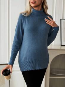 SHEIN 孕妇高领插肩袖毛衣，适合孕妇，冬季 - 藍色 - 查看 5