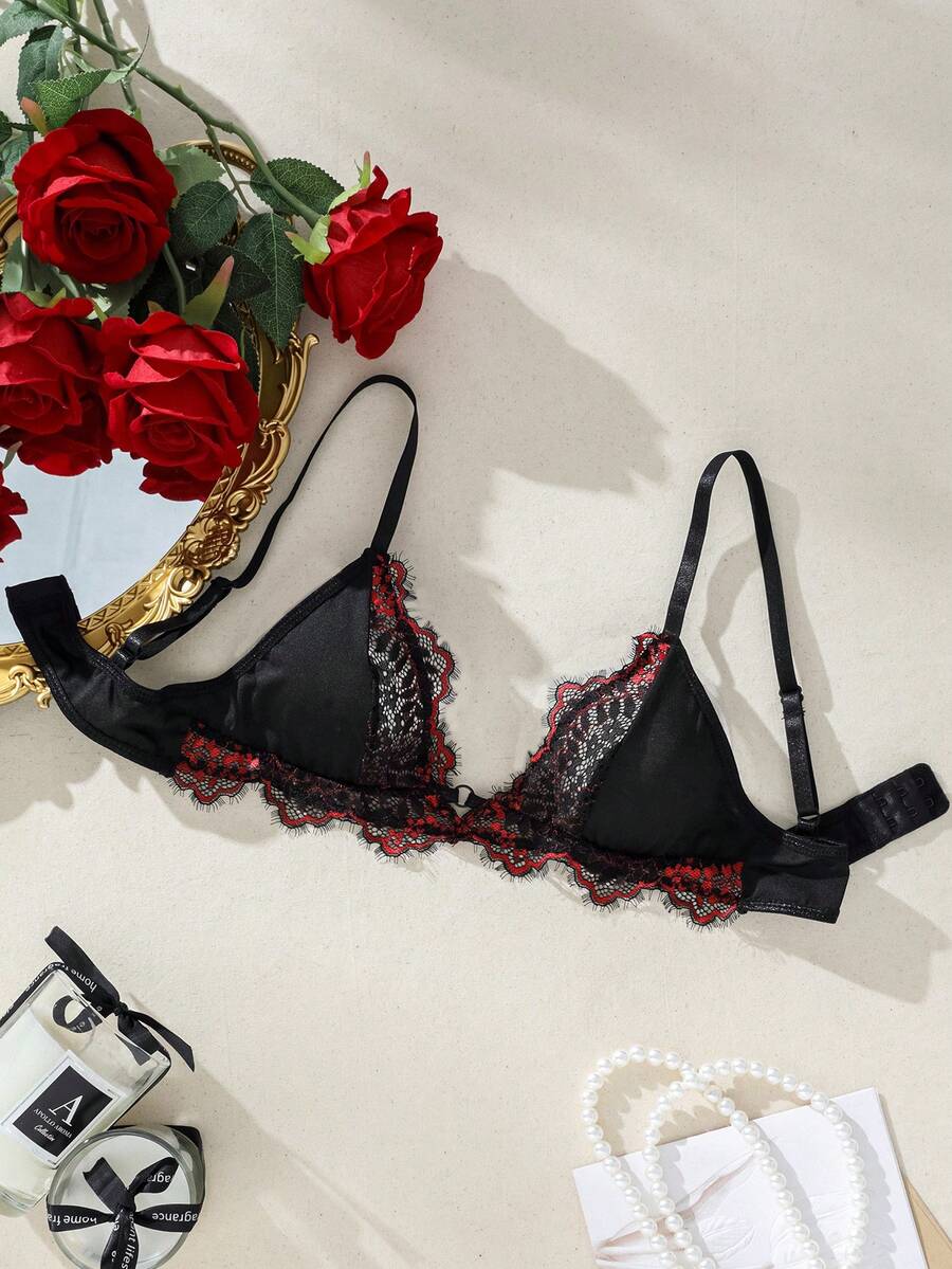 SHEIN Sujetador Triangular Bralette De Encaje En Contraste - Negro - Ver 1