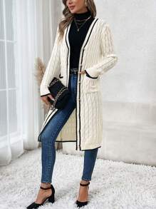 SHEIN Clasi Contrast Trim Dual Pocket Striped Trim Cable Knit Drop Shoulder Cardigan - White - View 1