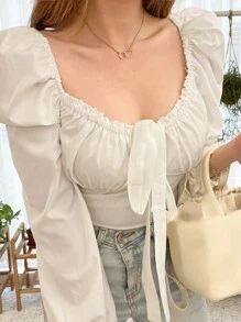DAZY Cà vạt phía trước Ruched Bust Tay áo đèn lồng Áo Milkmaid - trắng - Xem 4