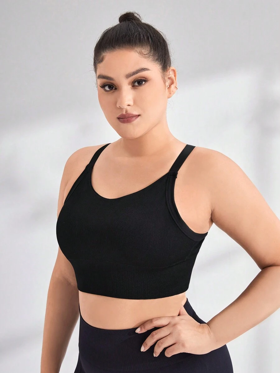 Easithlete Plus Solid Crisscross Back Sports Bra - Black - View 1