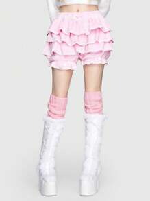 ROMWE Kawaii Layered Ruffle Trim Flannelette Shorts - Pink - View 1