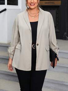 SHEIN Clasi 大碼青果領捲邊袖開門襟西裝外套 - 卡其色 - 查看 4