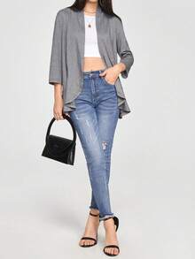 SHEIN Essnce Solid Open Front Asymmetrical Hem Coat - Grey - View 5