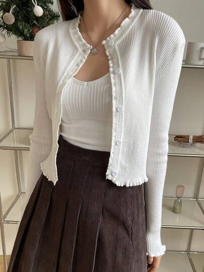DAZY Cárdigan de punto acanalado con botones y ribete de lechuga, ropa de otoño