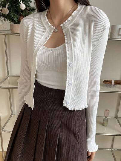 DAZY Lettuce Trim Ribbed Knit Button Front Cardigan,Fall Clothes