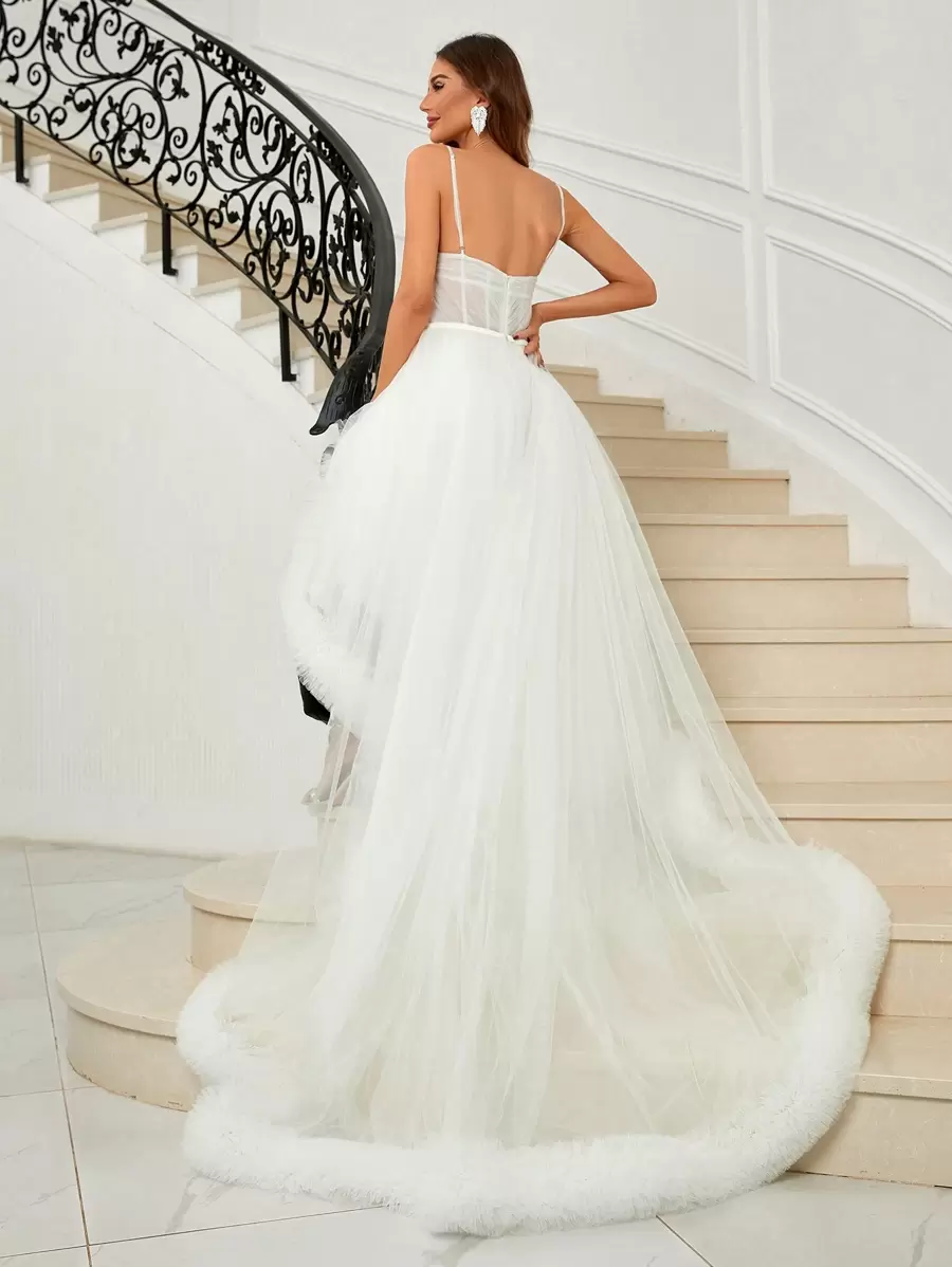 SHEIN Belle Vestido De Novia De Cami Con Alta Baja Superposición De Malla Y Escote Retorcido Con El Busto Fruncido - Blanco - Ver 1