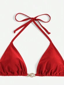 SHEIN Swim 夏季海灘環狀連結頸掛三角比基尼套裝 - 紅色 - 查看 4