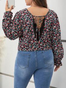SHEIN Frenchy Plus Ditsy Floral Print Tie Back Flounce Sleeve Blouse - Multicolor - View 1