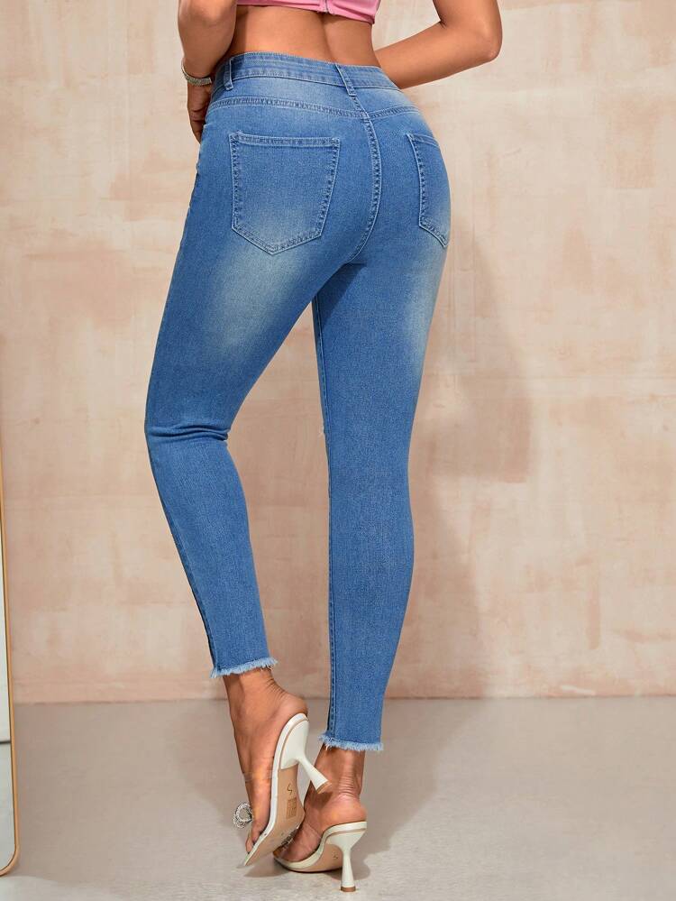 Drawstring Waist Ripped Raw Hem Skinny Jeans