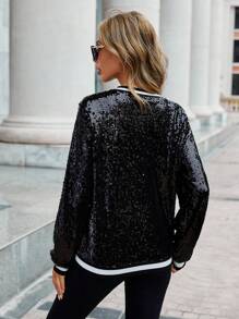 SHEIN Privé Zip Up Sequin Bomber Jacket - Black - View 2