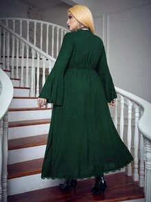 PUNK 大碼蕾絲邊荷葉袖洋裝不附帶緊身胸衣 - 墨綠色 - 查看 2