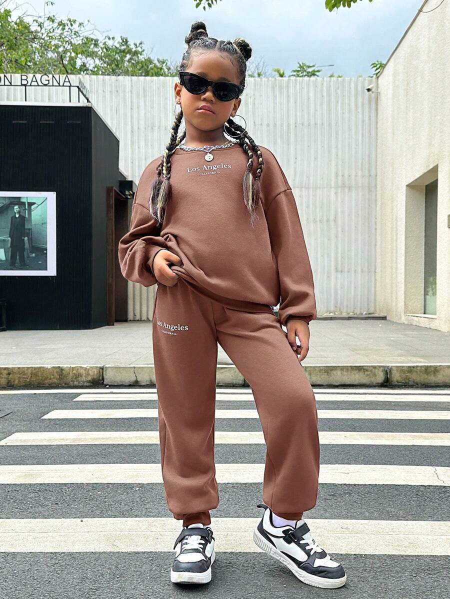 SHEIN Tween Girl Letter Graphic Drop Shoulder Hoodie & Sweatpants - Khaki - View 1