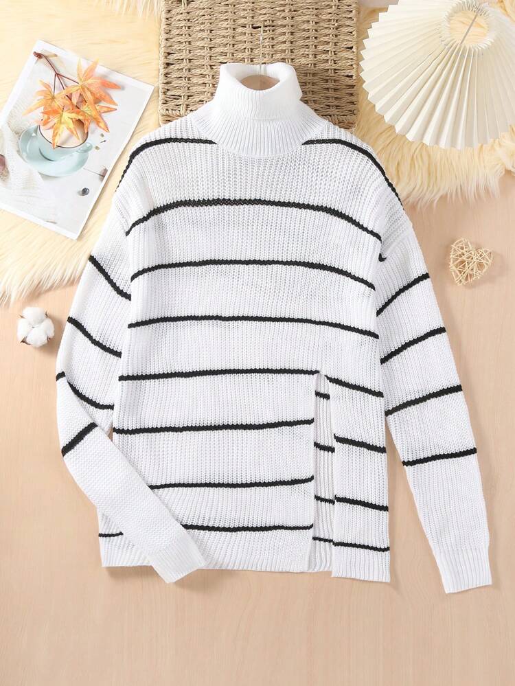 Teen Girl Striped Pattern Turtleneck Split Hem Sweater