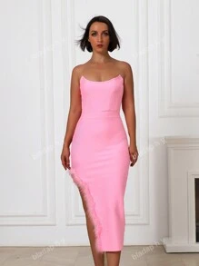 Sexy Side Cut-Out Bra Top With Artificial Feather Details Bodycon Party Midi Dress