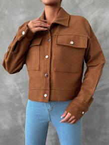 RueChic Flap Pocket Drop Shoulder Overcoat - Brown - View 4