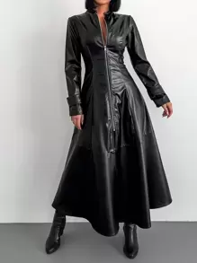 EURMUSE Zip Up Ruffle Hem PU Leather Coat - Black - View 4