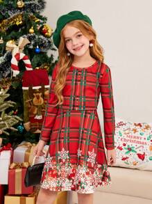 SHEIN Girls' Knitted Plaid & Snowflake Pattern Round Neck Fitted Casual Dress, Family Matching Outfits Mommy And Me (3 Pieces Sold Separately)