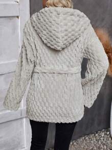 SHEIN LUNE Hooded Open Front Flannel Coat - Grey - View 2