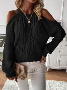 SHEIN LUNE Cold Shoulder Cable Knit Sweater,Long Sleeve Tops Knit Pullover Fall Winter Sweater - Black - View 6