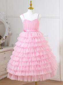 SHEIN Glamorique Kids Tween Girl Layer Mesh Hem Cami Party Dress - Pink - View 3