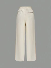 SHEINNeu 拼接側邊接縫腰部抽繩直筒褲 - 卡其色 - 查看 2