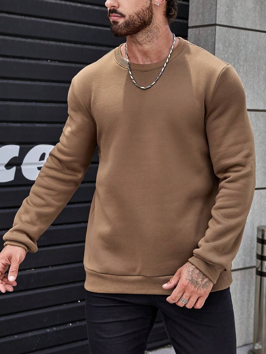 Manfinity Homme Hombres Sudadera unicolor de cuello redondo con forro térmico - Marrón - Ver 1