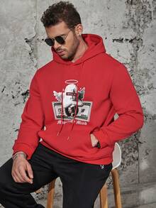 Manfinity LEGND Men Plus Angel & Letter Graphic Drawstring Hoodie - Red - View 6