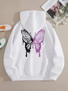 INAWLY Butterfly Print Drawstring Thermal Lined Hoodie - White - View 1
