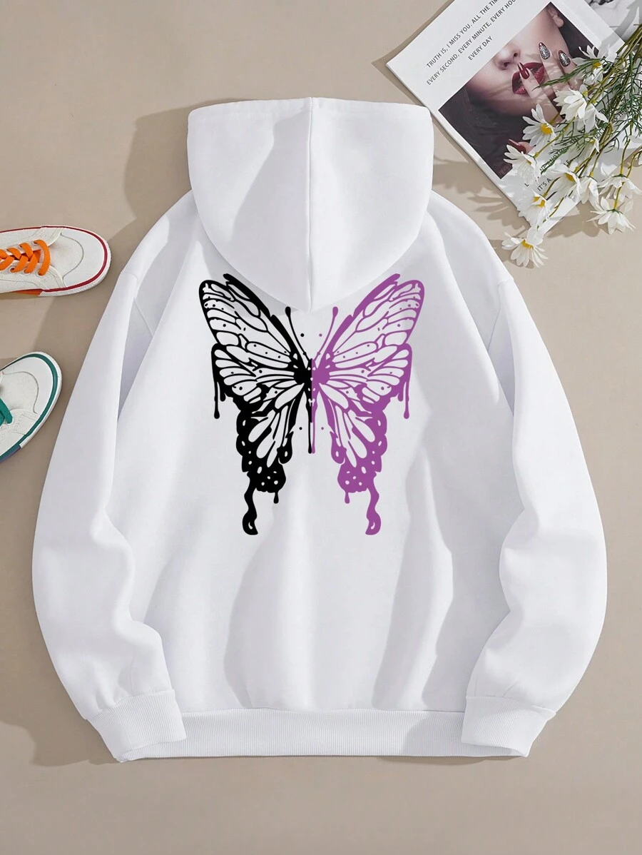 INAWLY Butterfly Print Drawstring Thermal Lined Hoodie - White - View 1