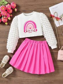 SHEIN 女大童愛心和字母圖案T恤和百褶半身裙 - 白色 - 查看 1