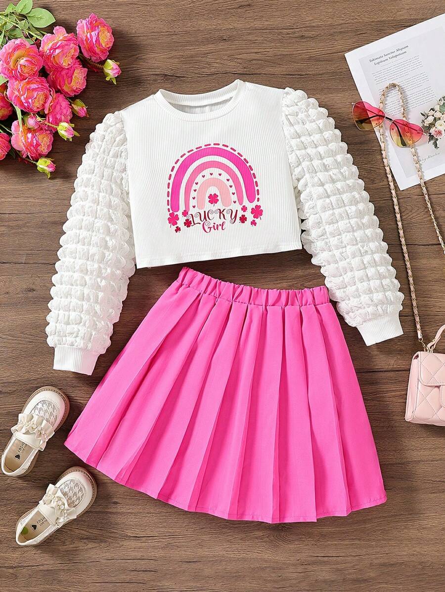 SHEIN 女大童愛心和字母圖案T恤和百褶半身裙 - 白色 - 查看 1