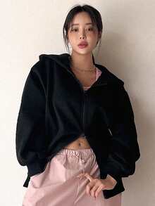 DAZY Solid Drop Shoulder Zip Up Oversized Hoodie - Black - View 3