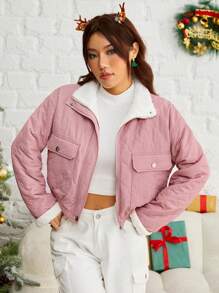 SHEIN EZwear Flap Pocket Teddy Lined Zip Up Quilted Coat In Fall/Winter - Dusty Pink - View 5
