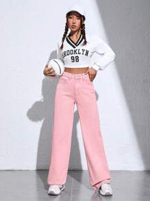 SHEIN ICON Chất rắn quần ống rộng Quần jean - Hồng - Xem 1