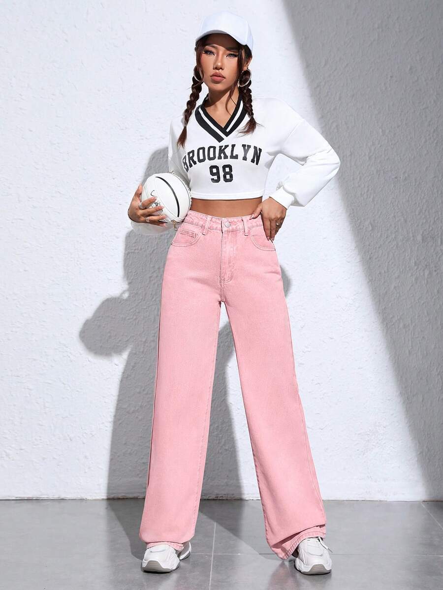 SHEIN ICON Chất rắn quần ống rộng Quần jean - Hồng - Xem 1