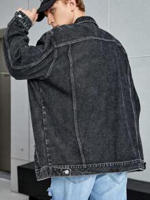 Manfinity Roghcode Men's Ultra-Loose Ripped Flap Pocket Denim Jacket - Dark Grey - View 3